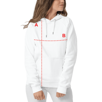White hoodie displayed on a model with measurement lines A and B for sizing reference, suitable for e-commerce listings.