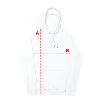 White hoodie featuring a measurement guide with dimensions labeled A and B for accurate sizing information.