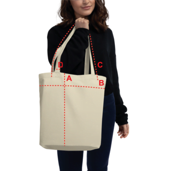Canvas tote bag held by a model, featuring measurement indicators for dimensions A, B, C, and D.