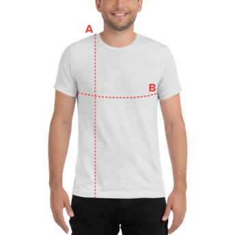 Men's basic white t-shirt featuring measurement lines for sizing, ideal for clothing e-commerce and product listings.