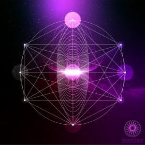 Intricate sacred geometry design featuring interconnected lines and nodes in a cosmic background with purple hues.