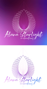 Alana Starlight Logo mit einer geometrischen Lotusblume design in lila und blauen Farbverläufen mit Co-Creations Text.