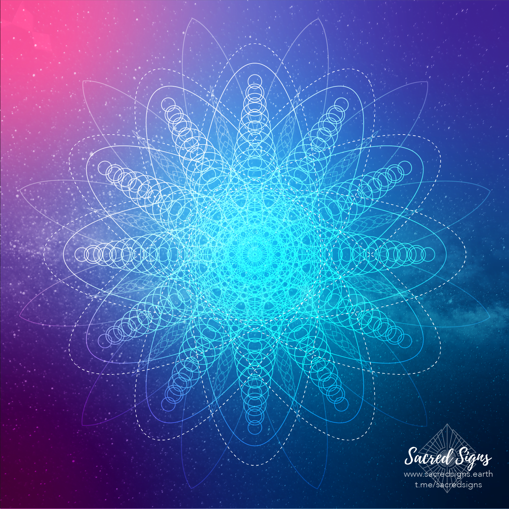 Geometric mandala design with intricate patterns in shades of blue and purple, featuring circular and floral elements.