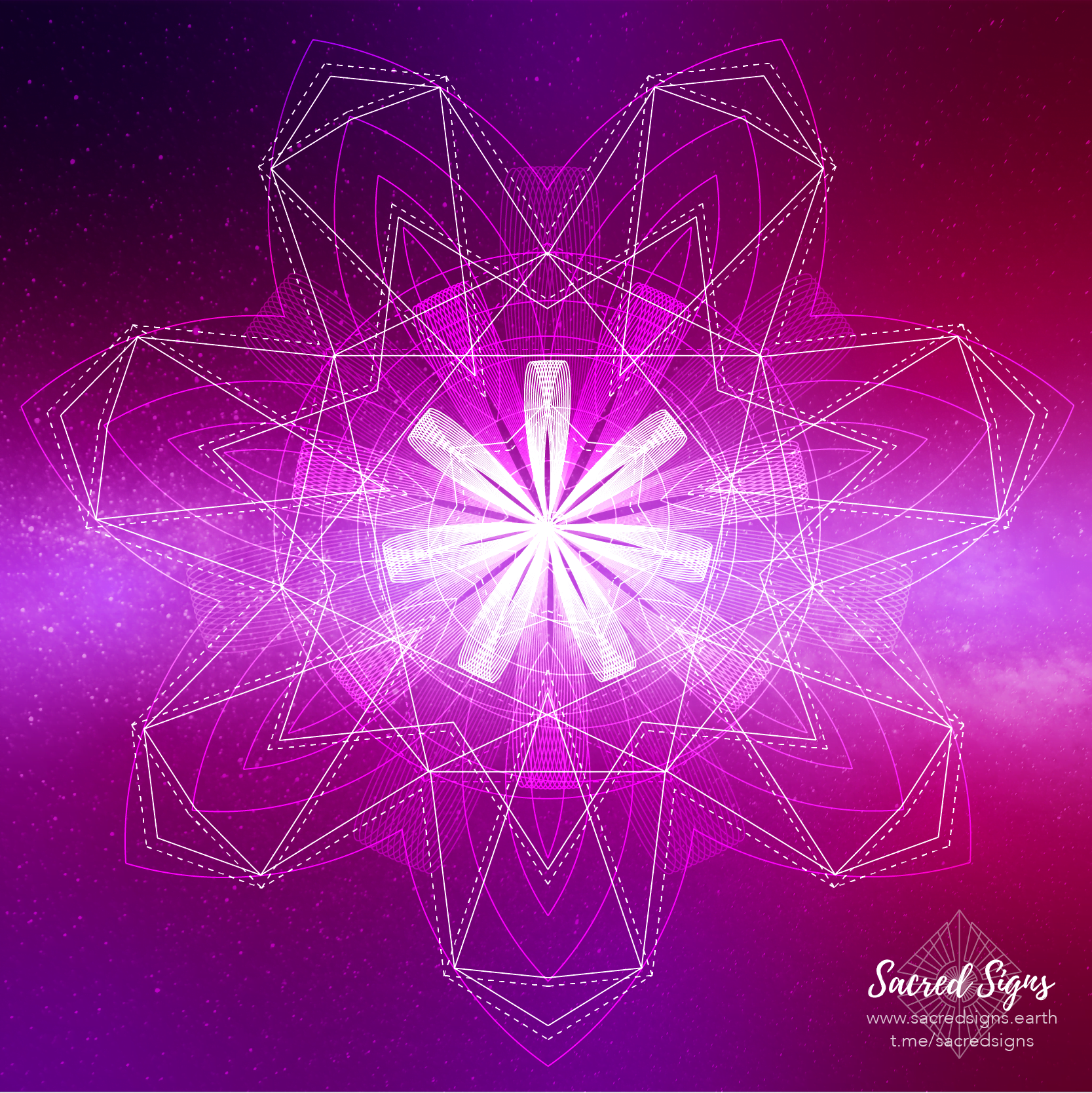 Intricate sacred geometry mandala design featuring a vibrant purple and pink color scheme with detailed lines and patterns.