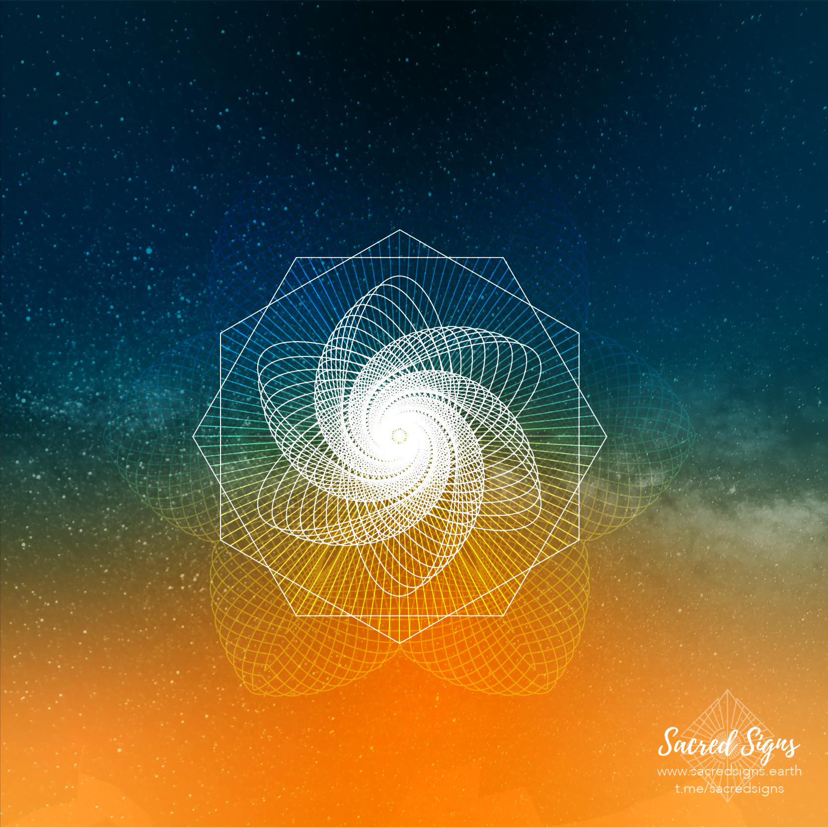 Geometric spiral design featuring intricate lines and a gradient background, showcasing a blend of colors from blue to orange.