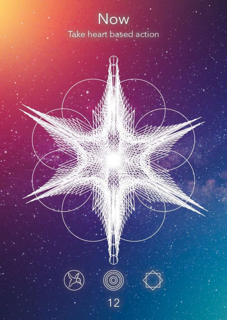 Geometric star design with intricate lines and celestial background, featuring the word 'Now' and symbols below, ideal for spiritual themes.
