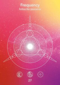 Abstract graphic representing frequency and resonance with geometric shapes and a central light source, suitable for wellness and meditation themes.