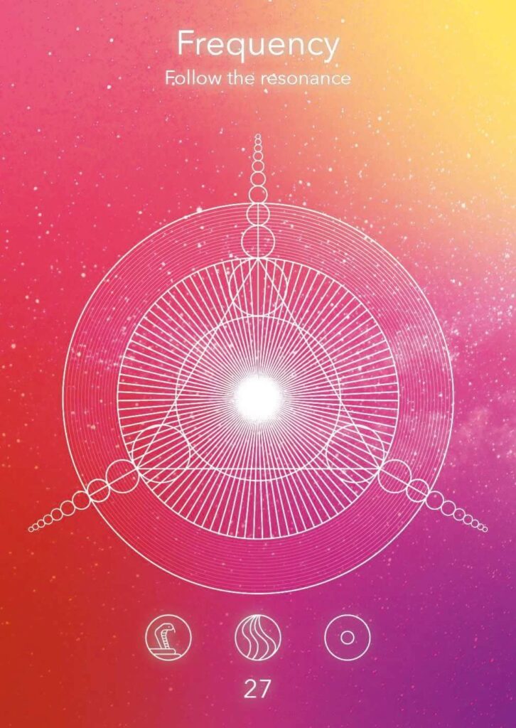 Abstrakte Grafik, die Frequenz und Resonanz mit geometrischen Formen und einer zentralen Lichtquelle darstellt, geeignet für Wellness- und Meditationsthemen.