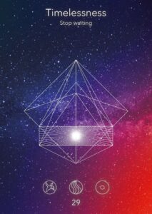 Grafische afbeelding van tijdloosheid met geometrische vormen en kosmische achtergrond, die het concept van tijd en bestaan symboliseert.