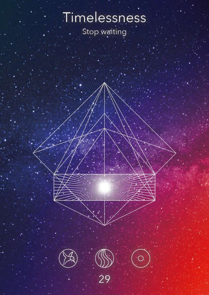 Timelessness graphic featuring geometric shapes and cosmic background, symbolizing the concept of time and existence.