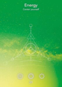 Eine grafische Illustration mit einem geometrischen design mit Energiesymbolen auf grünem Hintergrund, die Selbstzentrierung und Achtsamkeit fördert.