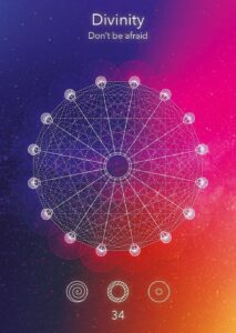 Intricate mandala design titled 'Divinity' featuring a circular pattern with interconnected lines and symbols, vibrant background colors.