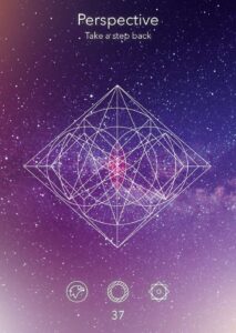 Geometric design featuring a diamond shape and cosmic background with stars and galaxies, emphasizing perspective and depth.