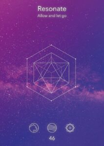 Geometric design featuring a hexagon and a 3D shape on a purple cosmic background, symbolizing resonance and letting go.
