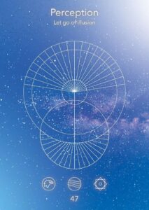 Graphic representation of perception with circular designs and cosmic background, emphasizing the theme of letting go of illusion.