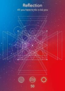 Geometric reflection design featuring intricate patterns and shapes on a gradient background of blue and red.
