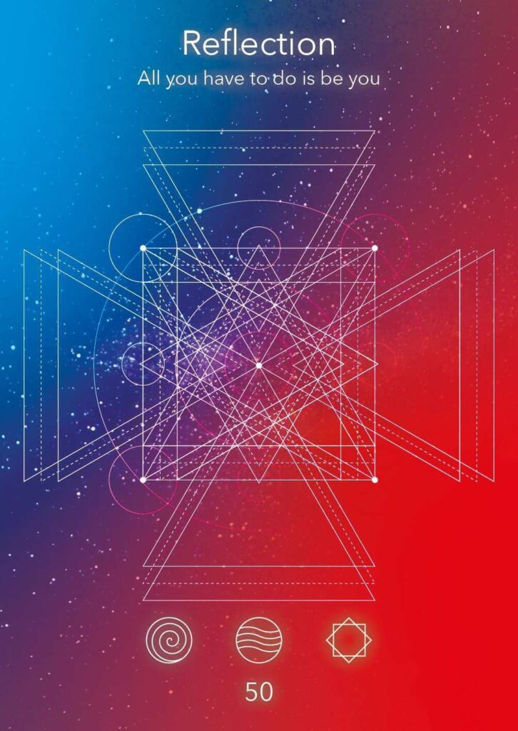 Geometric reflection design featuring intricate patterns and shapes on a gradient background of blue and red.