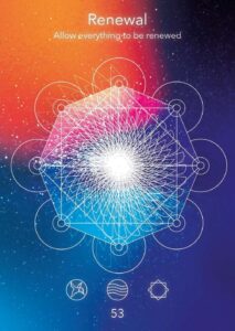 Geometric design representing renewal with intricate patterns and vibrant colors, featuring a central light source and interconnected circles.