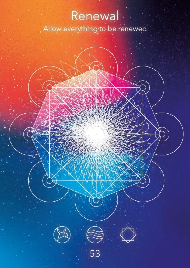 Geometrische design, die Erneuerung mit verschlungenen Mustern und leuchtenden Farben darstellen, mit einer zentralen Lichtquelle und miteinander verbundenen Kreisen.