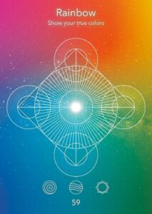 Geometric rainbow design featuring intricate patterns and shapes with a vibrant color gradient background, showcasing various symbols.