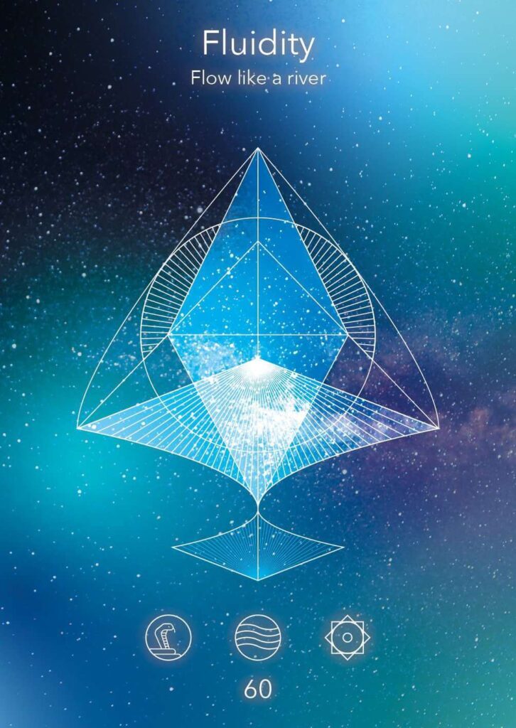 Abstract geometric design representing fluidity with a river-like flow, featuring a diamond shape and starry background.