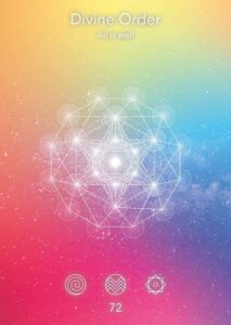 Divine Order design zeigt ein geometrisches Muster mit einem zentralen Punkt, umgeben von verschlungenen Linien und Symbolen, auf einem farbenfrohen Hintergrund mit Farbverlauf.