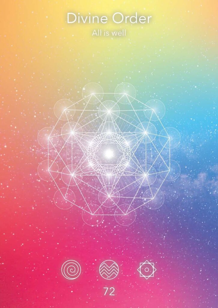 Divine Order design zeigt ein geometrisches Muster mit einem zentralen Punkt, umgeben von verschlungenen Linien und Symbolen, auf einem farbenfrohen Hintergrund mit Farbverlauf.