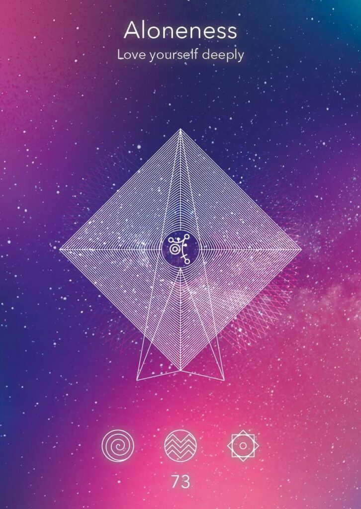 Graphic design featuring the word 'Aloneness' and a geometric pattern with a cosmic background, promoting self-love and introspection.