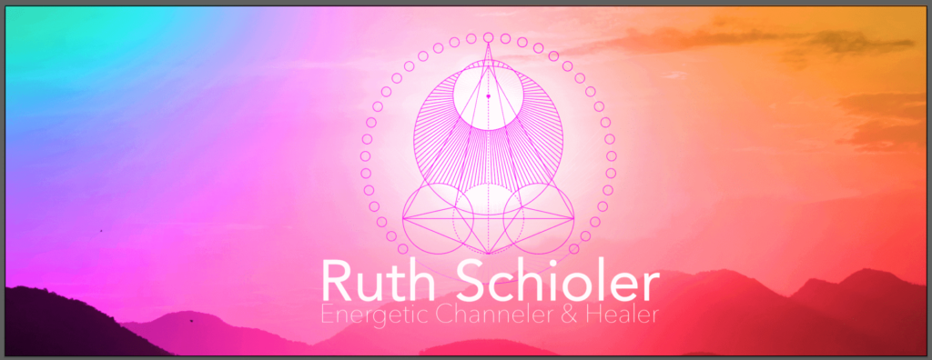 Das Logo von Ruth Schioler, einer energetischen Channelerin und Heilerin, zeigt ein geometrisches design mit einem Farbverlauf im Hintergrund.