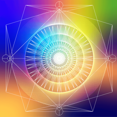 Colorido motivo geométrico con intrincados designs circulares y vibrantes degradados en tonos azules, amarillos y rosas.