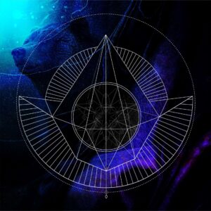 Geometrisches design mit einer Bärensilhouette und verschlungenen Mandalamustern in leuchtenden Farben.