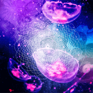 Bunte, abstrakte Quallenillustration mit geometrischen Mustern und leuchtenden Farben, ideal für digitale Kunstsammlungen.