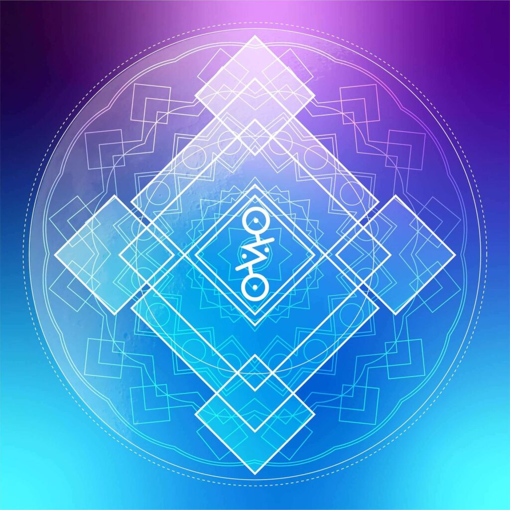 Intricate geometric mandala design featuring symmetrical patterns in blue and purple hues, ideal for artistic and spiritual themes.