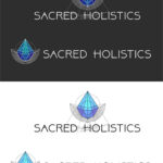 Logo variations for Sacred Holistics featuring a geometric design with a blue crystal-like shape and text in contrasting colors.