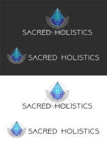 Logo-Variationen für Sacred Holistics mit einem geometrischen design mit einer blauen kristallähnlichen Form und Text in kontrastierenden Farben.