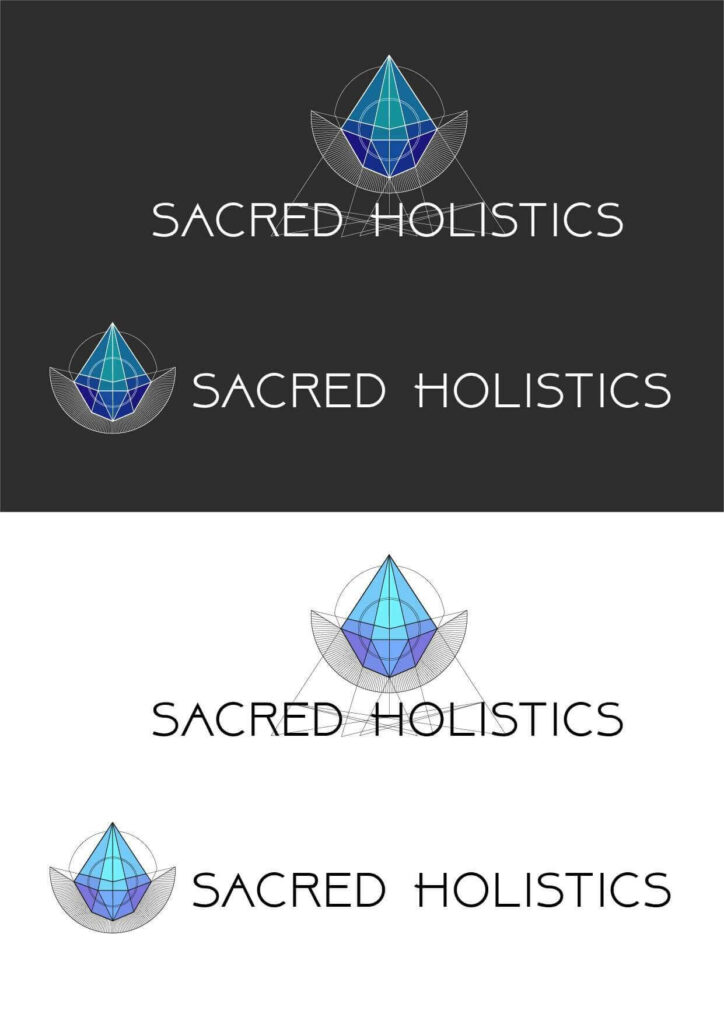 Logo-Variationen für Sacred Holistics mit einem geometrischen design mit einer blauen kristallähnlichen Form und Text in kontrastierenden Farben.