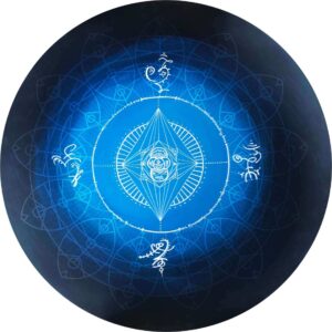 Intrincado mandala azul design con motivos y símbolos geométricos, ideal para la meditación y la relajación.