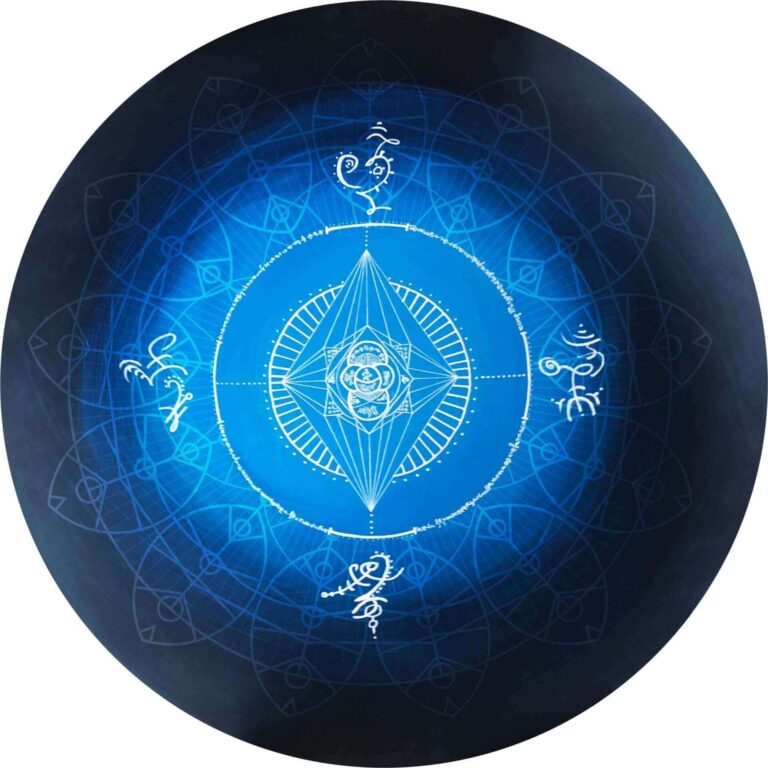 Intricate blue mandala design featuring geometric patterns and symbols, ideal for meditation and relaxation.