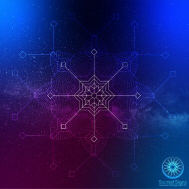 Intrincado mandala geométrico desacred colores vibrantes, con una estrella central y motivos geométricos circundantes.