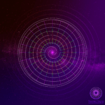 Een levendige sacred geometrische spiraal design met een cirkelvormig patroon met kleurrijke lijnen op een kosmische achtergrond.