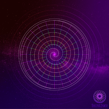Una vibrante geometría sacred en espiral design que presenta un dibujo circular con líneas de colores sobre un fondo cósmico.