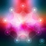 Kleurrijk sacred geometrisch sterrenpatroon met stralende cirkels en ingewikkelde lijnen, met levendige tinten roze, rood en blauw.