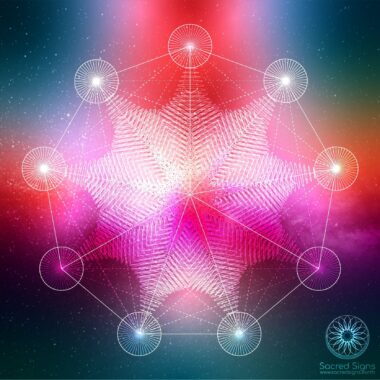 Colorido motivo de estrella geométrica sacred con círculos radiantes y líneas intrincadas, con vibrantes tonos de rosa, rojo y azul.
