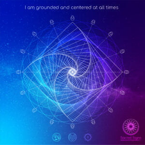 Mandala de conexión a tierra design con motivos geométricos y símbolos espirituales en colores vibrantes, que promueve el equilibrio y el centrado.