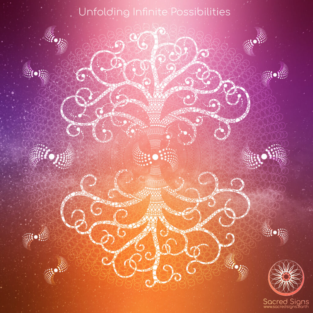 Unfolding Infinite Possibilities over a cosmic tree formed from vertical golden light, radiant gold blossoms, and branching galaxies in motion.