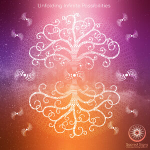 Unfolding Infinite Possibilities over a cosmic tree formed from vertical golden light, radiant gold blossoms, and branching galaxies in motion.