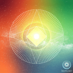A vibrant sacred geometry design featuring a central radiant sun within a colorful gradient background