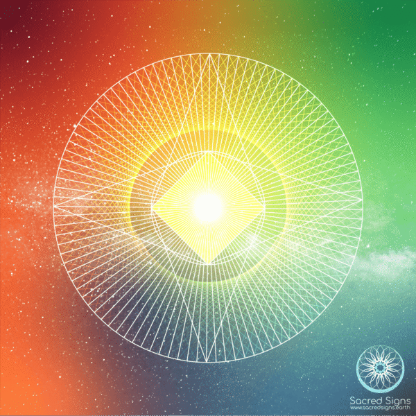 A vibrant sacred geometry design featuring a central radiant sun within a colorful gradient background