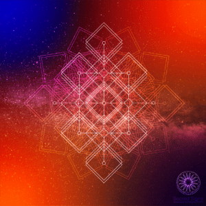 Intricate geometric design featuring sacred geometry patterns in vibrant orange and purple hues