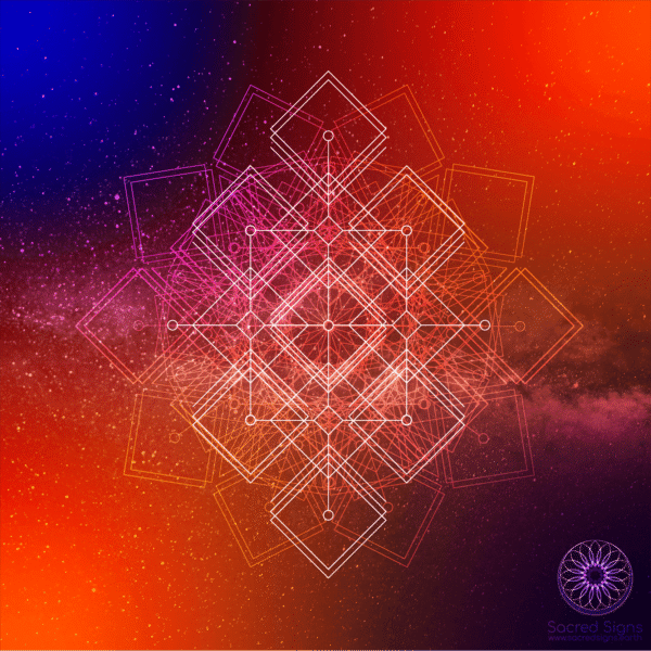 Intricate geometric design featuring sacred geometry patterns in vibrant orange and purple hues